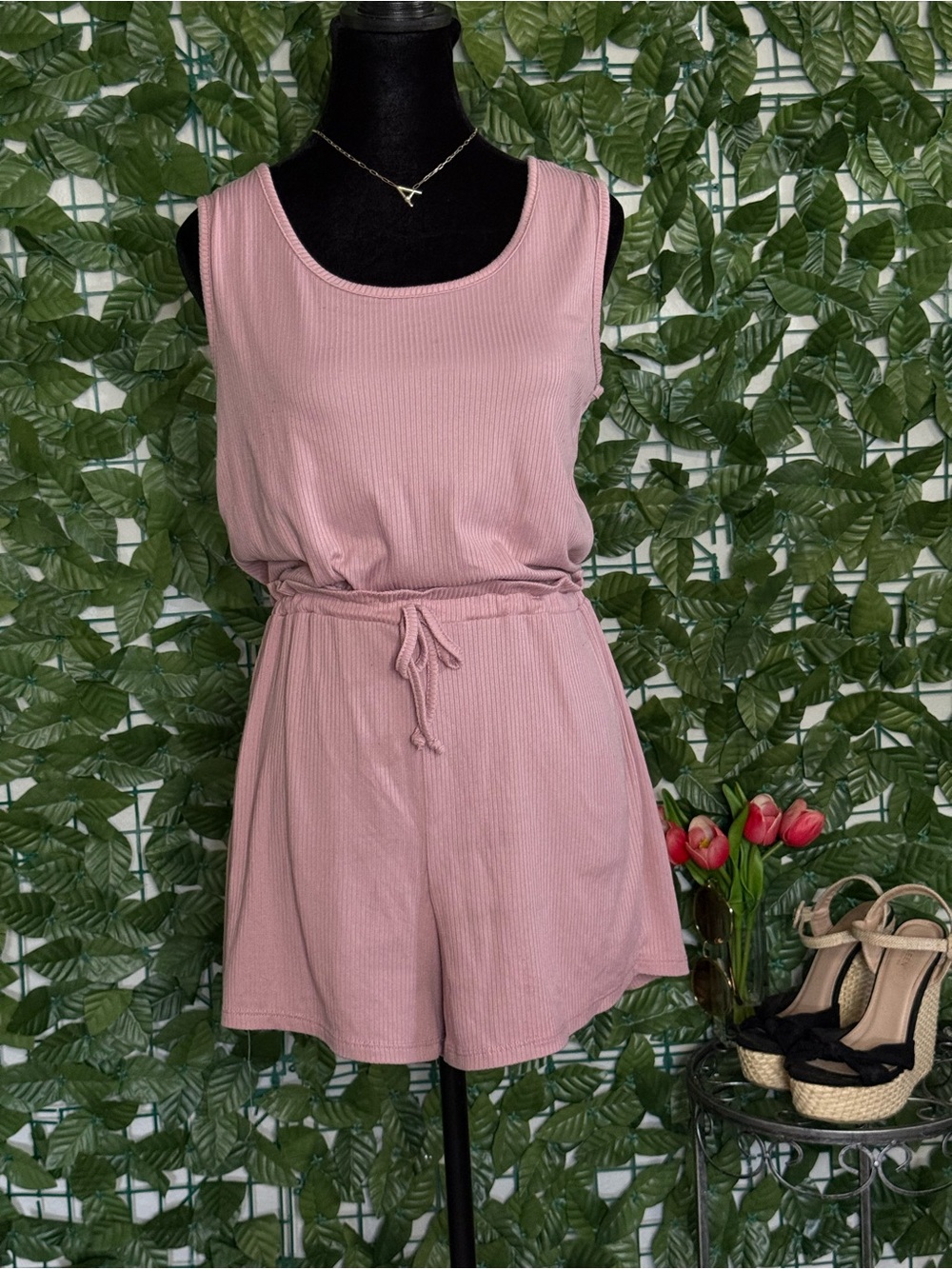 Sleeveless Pink Ribbed Drawstring Romper - Casual Summer Jumpsuit